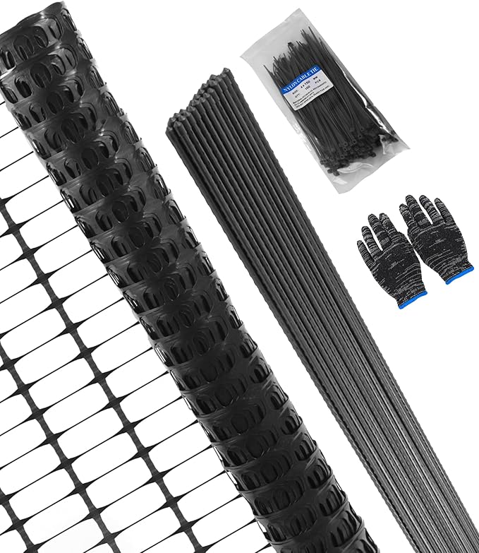 Garden Fence Animal Barrier, Snow Fence Temporary Fence Kit 40 in X 82 Ft, Plastic Safety Fence with 20 45-Inch Steel Stakes and 100 Zipper, Garden Fencing Temporary Fencing for Backyard