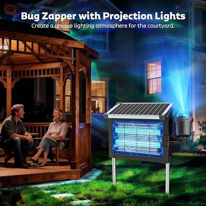 Solar Bug Zapper Outdoor with Projector Lights, Mosquito Zapper Waterproof Electric Fly Zapper Rechargeable with 10W Solar Panel, 4500V Cordless Fly Trap for Backyard, Patio, Garden, Camping