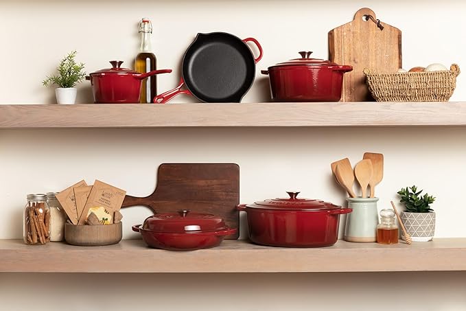Larder & Vine 4-Piece Enameled Cast Iron Cookware Set: 8 Quart Dutch Oven with Lid, 3.6 Quart Braiser with Lid, Cast Iron Cookware with Oversized Handles, Oven Safe up to 500°F (Cabernet)