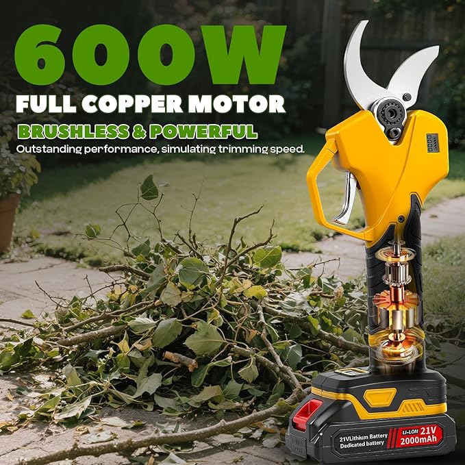 2-in-1 Cordless Electric Pruning Shears, 2.5" Cutting Diameter Electric Pruner, 15Ft Max Reach with 2x 21V 4000mAh Batteries, LCD Display, SK5 Blades for Tree Trimming, Branch Cutter (YELLOW)