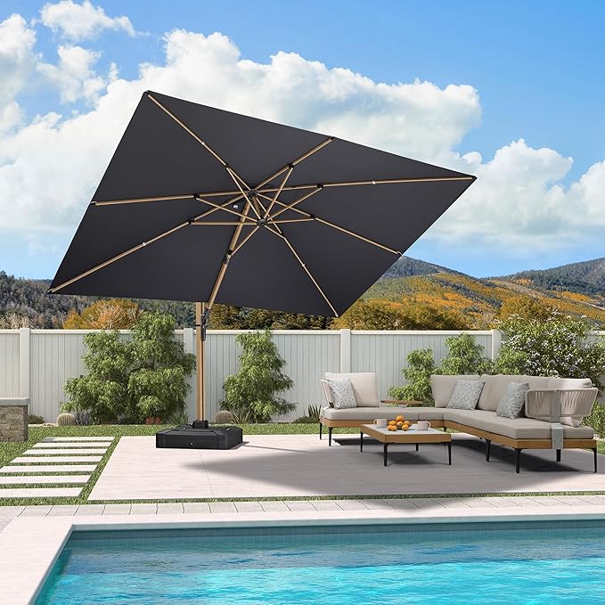 PURPLE LEAF 9' x 12' Rectangle Patio Cantilever Umbrella With Base Large Hanging Umbrella Teak Finished Aluminum Frame Windproof Offset Outdoor Sun Umbrellas for Beach Pool Deck, Grey