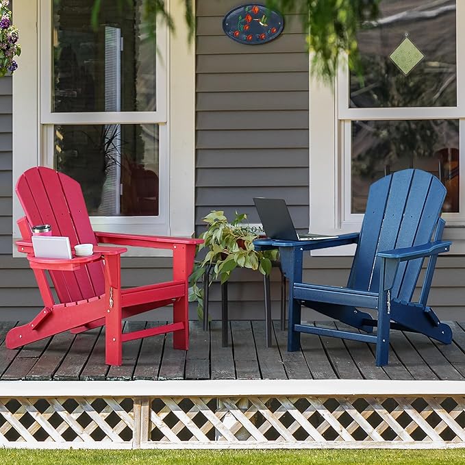 Adirondack Chair Set of 4, HDPE Folding Adirondack Chair with Multifunctional Cup Holder, Weather Resistant Fire Pit Chair for porches, patios, poolsides, Decks.