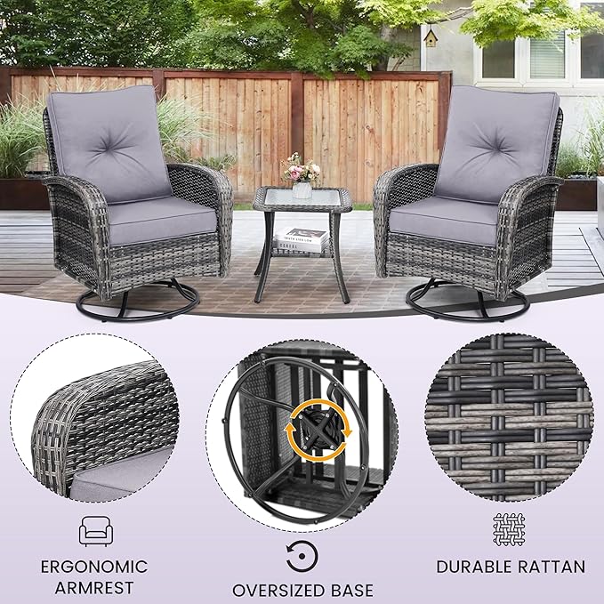 Luxury Outdoor Swivel Wicker Glider Patio Chairs with Table Set, Overstuffed Washable Cushions, Ideal for Porch, Balcony, Deck, Grey Rattan and Grey Cushion