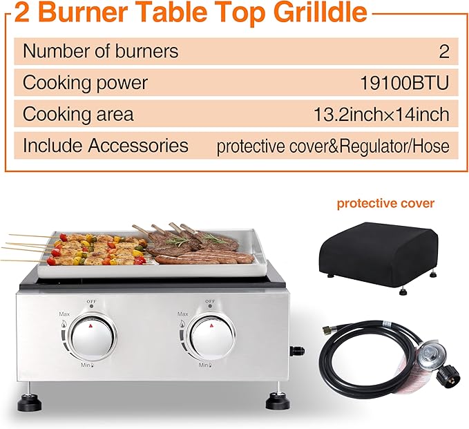 Outdoor Table top Propane Griddle with Detachable Top | Ultimate Portable Outdoor Cooking Station | Includes Stainless Steel Warming Rack for Camping, Tailgating & BBQs (2 burner)
