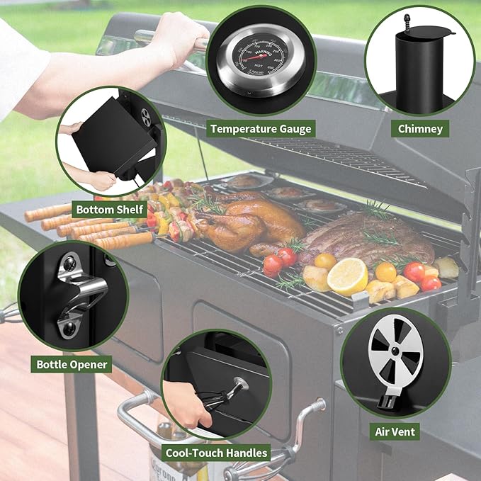 Kenadne Charcoal Grill Outdoor BBQ Grill, Extra Large Cooking Area 794 Square Inches with Two Individual & Adjustable Charcoal Tray, Foldable Side Tables for Outdoor Cooking