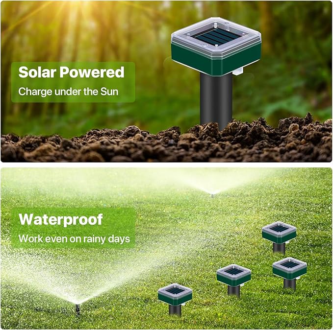 Mole Repellent Solar Powered for Lawns Snake Repellent for Yard Gopher Trap Groundhog Vole Repellent Ultrasonic Spike Outdoor Waterproof Sonic Chipmunk Rodent Burrowing Animals Deterrent Stake