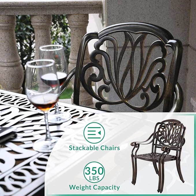 VIVIJASON 3-Piece Patio Bistro Set, All-Weather Cast Aluminum Outdoor Furniture Dining Set, Include 2 Cushioned Chairs and 31" Round Table w/Umbrella Hole for Balcony, Lawn, Backyard, Red Cushion