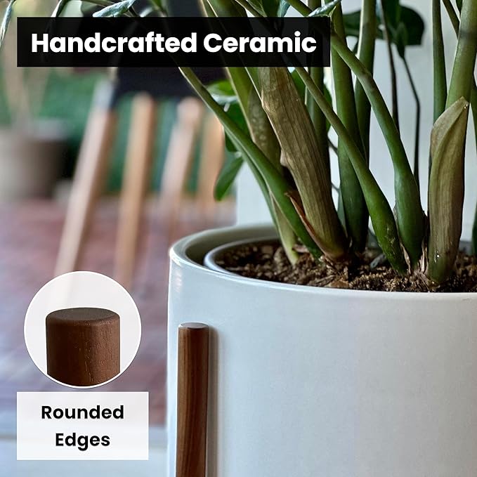Mid Century Pot with Walnut Wood Stand - 12 inch Indoor Large Ceramic Planter for Plants, Flower, Small Tree with Drainage - Modern Wood Pots Holder - Walnut Wooden Legs - White