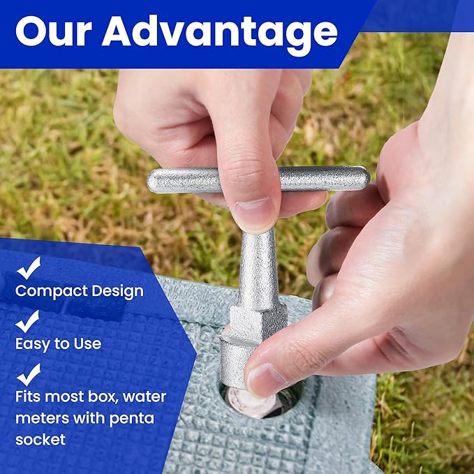 Enhon Curb Box Wrench for Pentagon Curb Boxes, Water Meter Wrench for Penta Socket, T Handle Penta Tool, Water Valve Shut Off Tool(1 Pack,Silver)