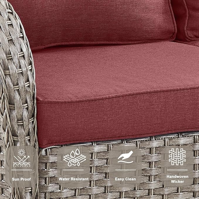 Belord 5 Piece Outdoor Patio Furniture Set with Deep Seating Swivel Rocker Chairs Loveseat and Rattan Coffee Table Outdoor Conversation Sets for Deck Backyard Poolside,Gray Wicker Red Cushion
