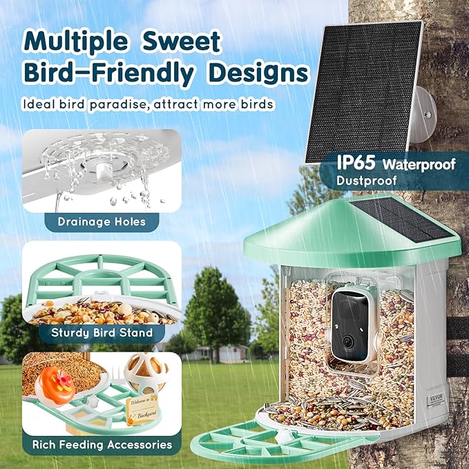 VEVOR Smart Bird Feeder Camera with 3 Solar Panels, Solar Powered Wireless Camera Bird Feeder with Live Video, AI Identify, Auto Detect & Instant Notify, and 2K Full HD, Ideal Gift for Bird Lover