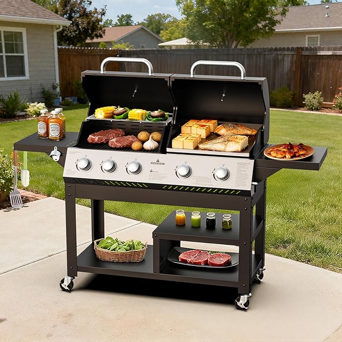 5-Burner Propane Gas Griddle Grill Combo with Porcelain-Enameled Cast Iron Grate & Cast Iron Pan, Dual BBQ Grill With Flat Top Griddle for Outdoor Kitchen & Backyard Barbecue,618 SQIN Cook Area
