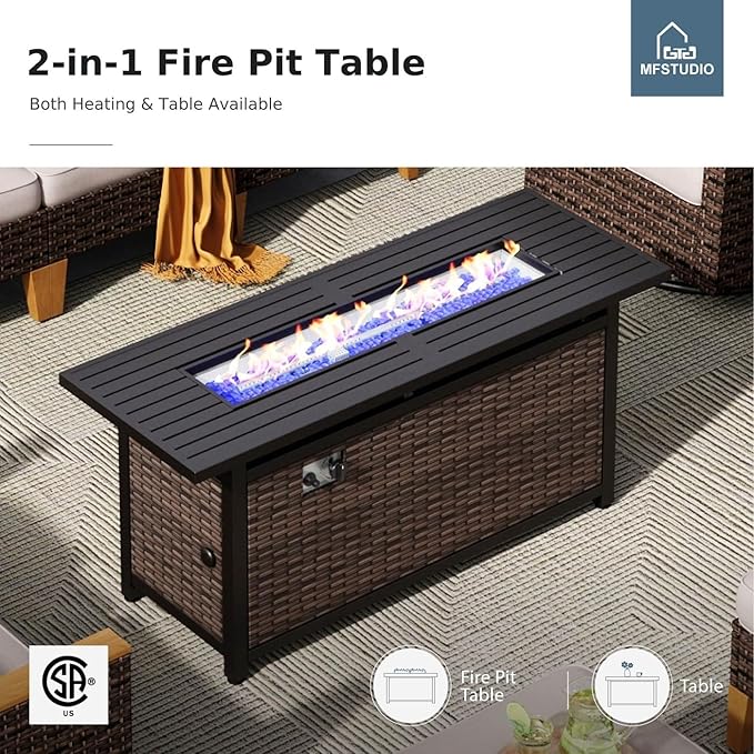 MFSTUDIO 9 Pieces Wicker Patio Furniture Set with 56" Fire Pit Table, Outdoor Conversation Half-Moon Sectional Sofa Set, 2 x Curved Sofa, 2 x Armless Sofa, 2 x Ottoman, 2 x Corner Chair(Beige Cushion)