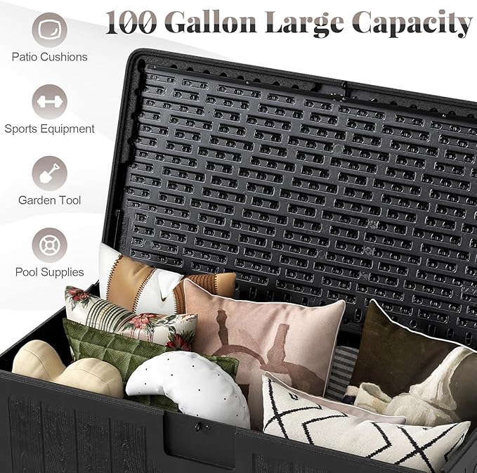 HAPPYGRILL Outdoor Storage Deck Box with Lockable Design & Gas Strut, Handle, 100 Gallon HDPE Patio Storage Organizer for Lawn Backyard Poolside (Black)