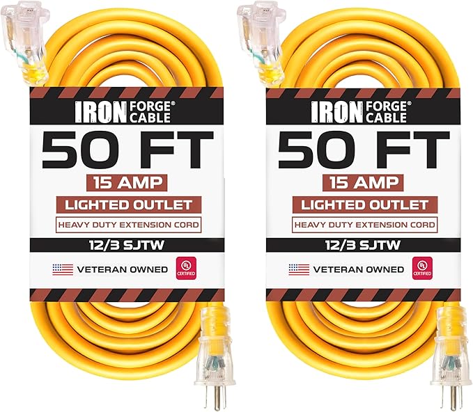 IRON FORGE CABLE 2 Pack of 50 Ft Outdoor Extension Cords - 12/3 SJTW Heavy Duty Yellow 3 Prong Extension Cable, 15 AMP - Great for Garden and Major Appliances