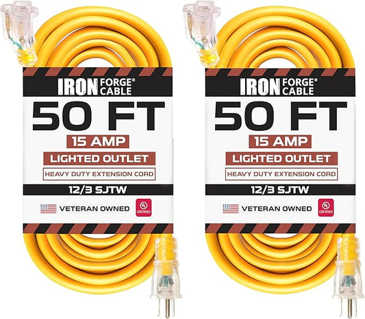 IRON FORGE CABLE 2 Pack of 50 Ft Outdoor Extension Cords - 12/3 SJTW Heavy Duty Yellow 3 Prong Extension Cable, 15 AMP - Great for Garden and Major Appliances