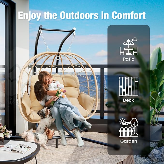Pamapic Double Egg Chair wth Stand, 700 LBS Loveseat Rattan Swing Chair, UV Resistant Cushions with Armrests and Headrest, Thick Steel Frame Hammock Swing for Outdoor, Patio, Indoor(Beige)