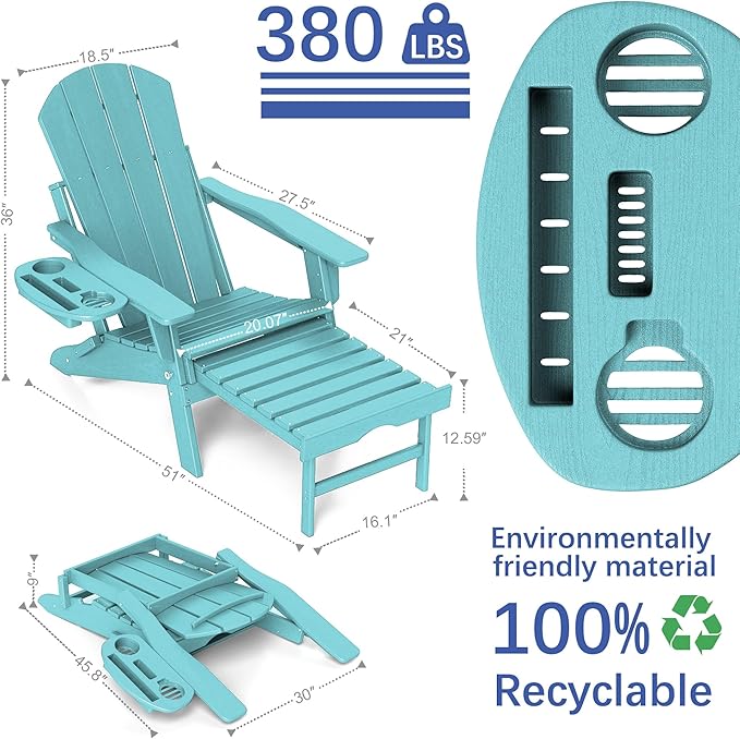 FOOWIN Adirondack Chair with Retractable Ottoman,HDPE Folding Adjustable Adirondack Chair w/4 in 1 Cup Holder Trays,All-Weather Resistant Fire Pit Chair Set of 4 Lake Blue
