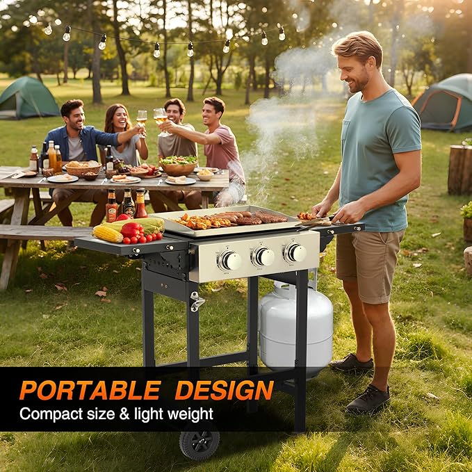 Portable 3-Burner Flat Top Grill with Folding Tabletop Design & Integrated Cart - 28650 BTU Propane Griddle for Outdoor Cooking, Camping, Tailgating