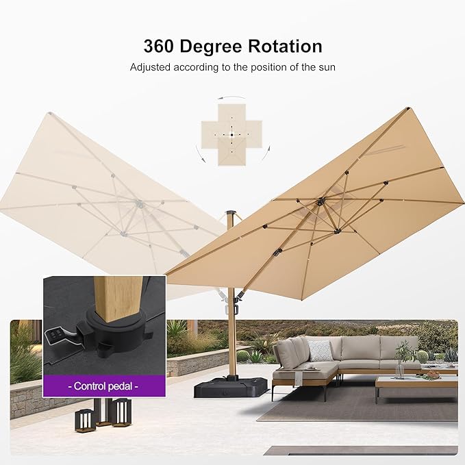 PURPLE LEAF 11FT Patio Umbrella With Base Square Cantilever Umbrella Teak Finished Aluminum Frame Large Windproof Offset Outdoor Sun Umbrellas for Beach Pool Deck, Beige