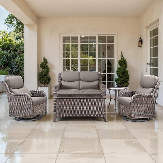 Outdoor Swivel Rocker Patio Chairs Set of 5 with Loveseat - 5" Thick Cushion 5 Piece Furniture Set with Sofa All Weather Wicker Conversation Set for Porch Deck - Brown Wicker | Grey Cushions
