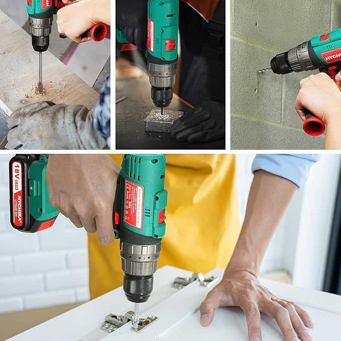 Cordless Hammer Drill Driver 18V, HYCHIKA 400 In-lbs Torque Power Drill with Auxiliary Handle, 1/2” Metal Chuck, 2.0Ah Battery, 1H Fast Charger, 21+3 Clutch, LED Light for Drilling Wood Metal Wall