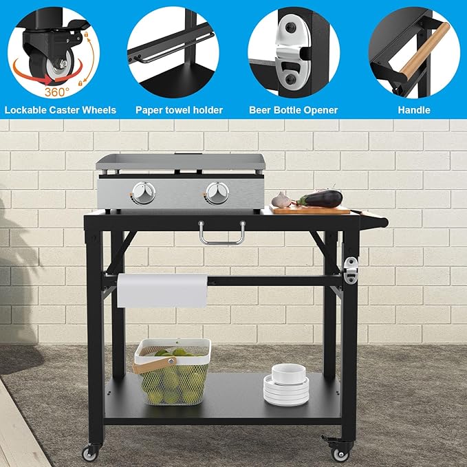 Upgrade Foldable Grill Cart Stand, Flat Top Dining Cart Table for Blackstone Griddle, Weber, Ninja Portable Grill, Outdoor Pizza Oven and More, Table Carts for Outdoor Camping