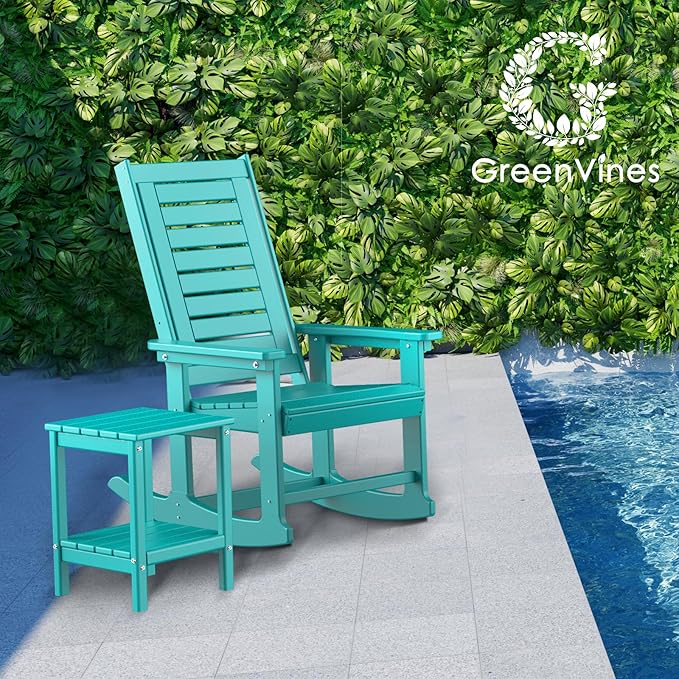 GREENVINES Outdoor Rocking Chairs | Porch Rocker | HDPE Plastic | Aqua | Oversized Rockers | High Back | Big & Tall | Ladder Back | for Patio Outside Backyard Balcony Garden