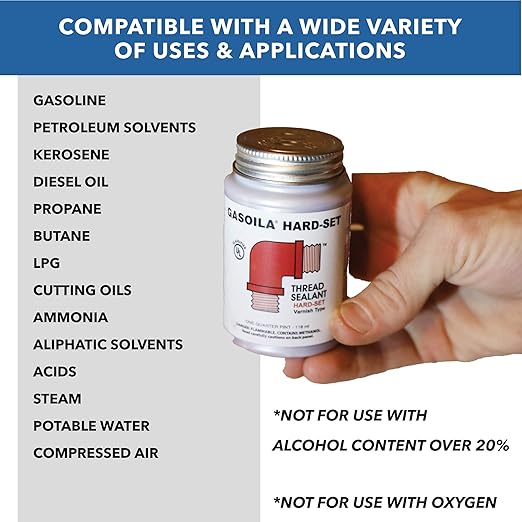 Gasoila Hard-Setting Permanent Thread Sealant, Fast-Drying Red Varnish Sealant for PVC, Metal, Rubber, Wood & More – -100°F to 600°F Temp Range, Brush in Cap Applicator, BT16, 1 Pint Can