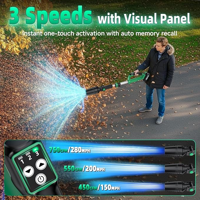 KIMO Leaf Blower Cordless with Battery and Charger, 310000RPM, 37Inch Telescopic Pole, 750CFM 280MPH, 3Speeds w/Smart Panel, Lightweight 2.5Lb, 2PCS 4000mAh Battery Operated Leaf Blowers for Lawn Care