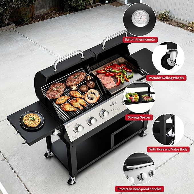 5-Burner Propane Gas Griddle Grill Combo with Porcelain-Enameled Cast Iron Grate & Cast Iron Pan, Dual BBQ Grill With Flat Top Griddle for Outdoor Kitchen & Backyard Barbecue,618 SQIN Cook Area