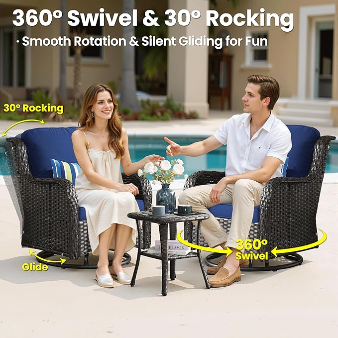 ovios 6-Pieces Patio Furniture Set with Swivel Chairs, Outdoor Wicker Sofa Couch Gliders Rocker Comfy Cushions, High Back Modern Conversation Set, Brown Rattan, Navy Blue