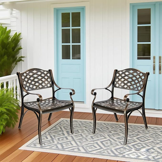 Cast Aluminum Patio Chairs Set of 2,Bistro Dining Chair with Armrests, Wrought Iron 2 Piece Patio Bistro Chair, Cast Iron Outdoor Patio Dining Chair for Backyard,Porch,Brown