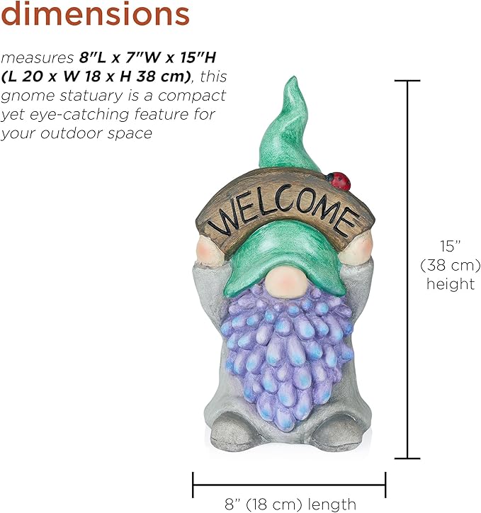 Alpine Corporation QWR1470 Gnome with Green Hat Holding “Welcome” Sign, Stylish Décor for Garden, Patio, & Pathway, 15" H