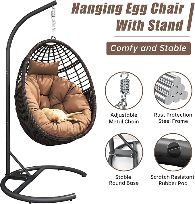 Hanging Egg Chair Hammock Chair with Stand Wicker Rattan Chairs for Indoor Outdoor Patio Bedroom Swing Chair with Steel Frame and Soft Cushion
