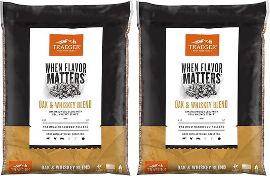 Traeger Grills Oak & Whiskey Blend 100% All-Natural Wood Pellets for Smokers and Pellet Grills, BBQ, Bake, Roast, and Grill, 18 lb. Bag (Pack of 2)