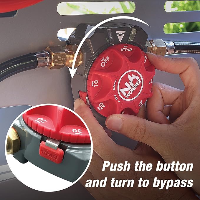 NO WORRIEZ Bypass Safety Auto Shut-Off Gas Timer for Propane & Natural Gas | Outdoor Grill, Fire Pit, Pizza Oven | – 100,000 BTU w/ 3/8" Flared Assembly Connector & Hose, Patent Pending