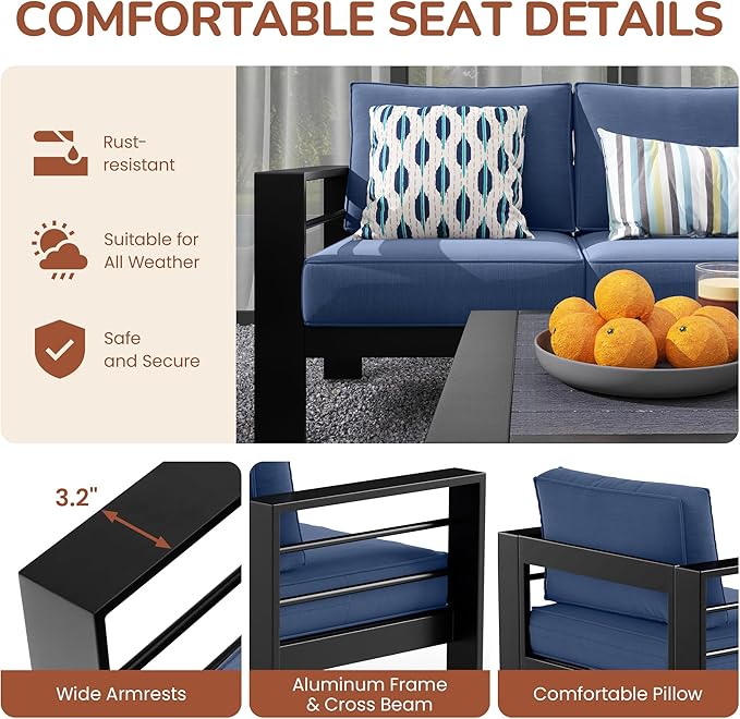 Solaste Aluminum Patio Furniture Set for All Weather, Modern Metal Outdoor Furniture Set with 27.5" Deep Seating and 3.2" Wide Armrest, Outdoor Patio Conversation Set with 5" Cushion, Black and Blue