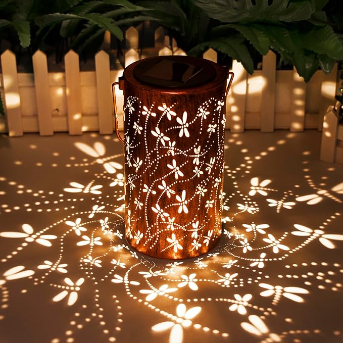 Christmas Gifts For women,Solar Lanterns Outdoor Hanging Lantern Lights, Dragonfly Hollowed-Out Metal Decor Lantern, Waterproof LED Decorative Garden Light - Delicate Garden Decoration for Patio, Yard
