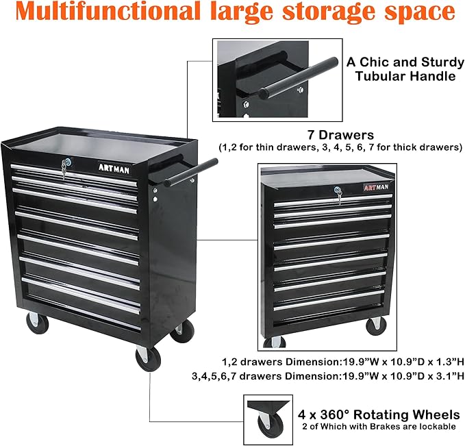 7 Drawers Tool Cart on Wheels,Multifunctional Rolling Tool Chest Tool Storage,Drawers Rolling Tool Trolley Organizer Tool Case for Garage,Warehouse,Workshop,Repair Shop (7 Drawers-29.9"H-Black)