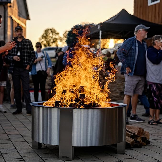 Breeo Smokeless Fire Pit (X Series 42, Stainless Steel, Lid Included) | 46 inch Smokeless Firepit for Outside | 190 Pounds | Gifts for Dad | Compatible with Wide Range of Breeo Accessories