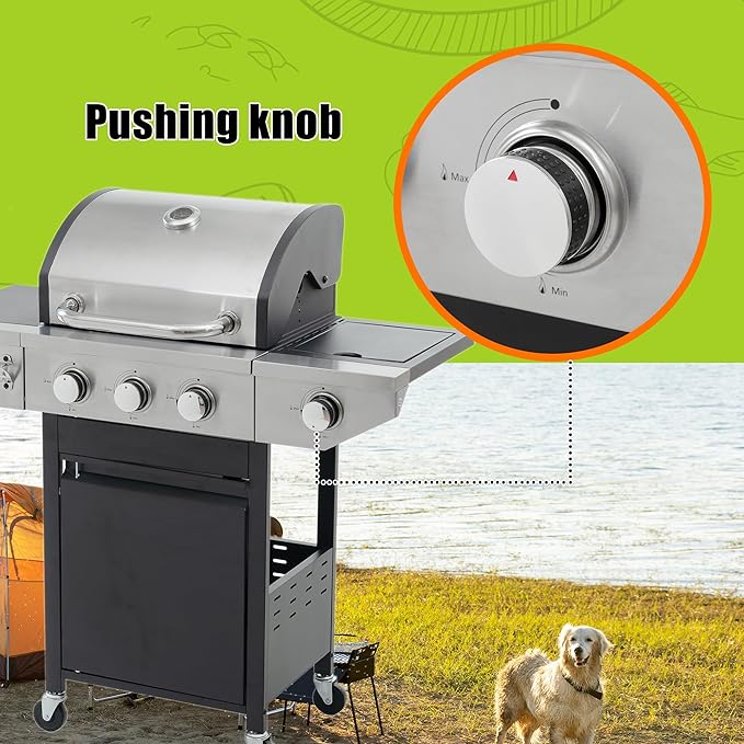 3 Burner Propane Gas Grill with Side Burner, 37,000 BTU Stainless Steel BBQ Grill with Foldable Shelves, Thermometer, Wheels, Ideal for Patio, Backyard, Outdoor Cooking, Barbeque