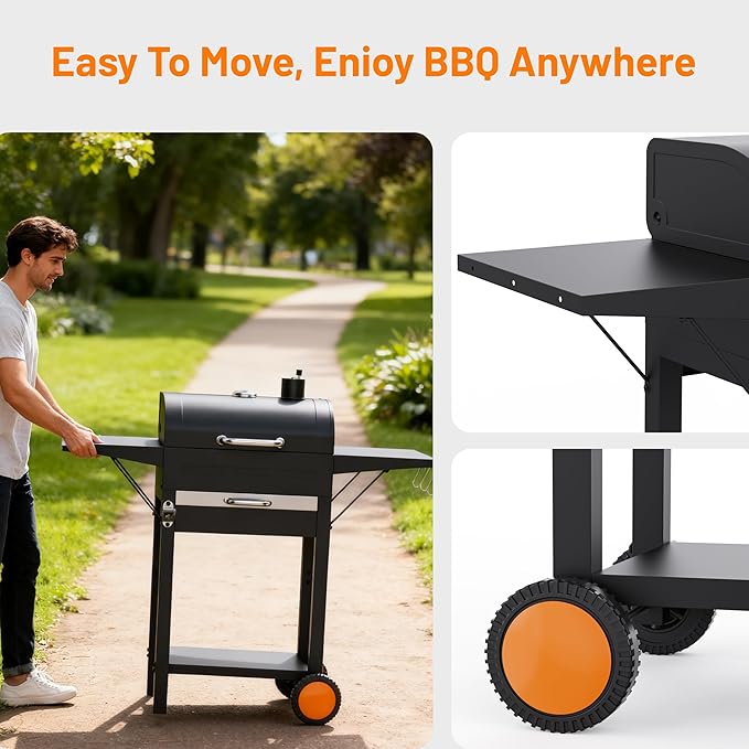 KEYO GRILL 20-Inch Heavy Duty Charcoal Grills, Adjustable Vent Outdoor BBQ Grill with Two Side Tables, Pullable Charcoal Ash Tray Portable Barbecue Grill for Backyard,Tailgating and Camping, Black