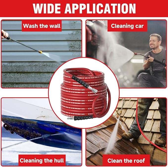3/8" Super Wear Resistant Pressure Washer Hose 150 FT,Kink Resistant Power Washer Replacement Hose Steel Wire Braided for Hot and Cold Water, with M22 14mm to 3/8" Swivel Quick Connect, 4200 PSI