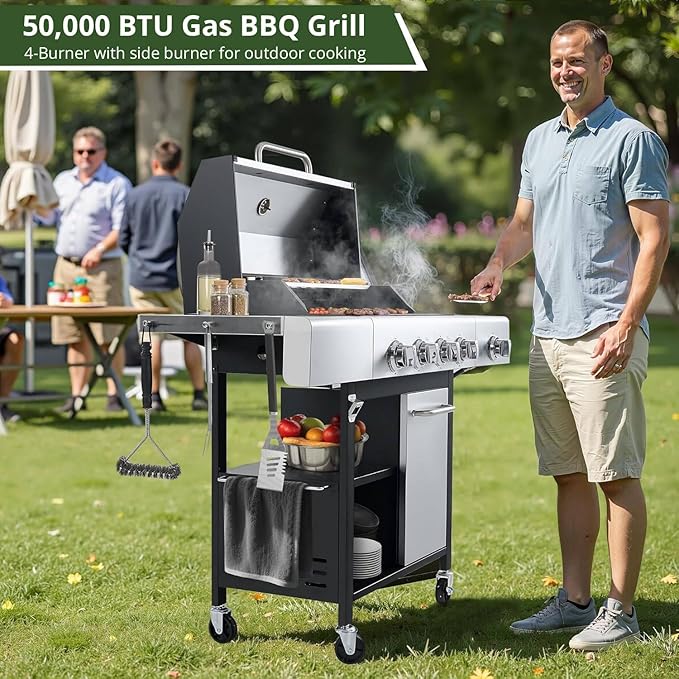 HUGROVE Propane Gas BBQ Grill with Wheels & Side Burner, 50,000 BTU Output Stainless Steel Barbecue Grill for Backyard & Outdoor Cooking Easy to Assemble (Light Gray)