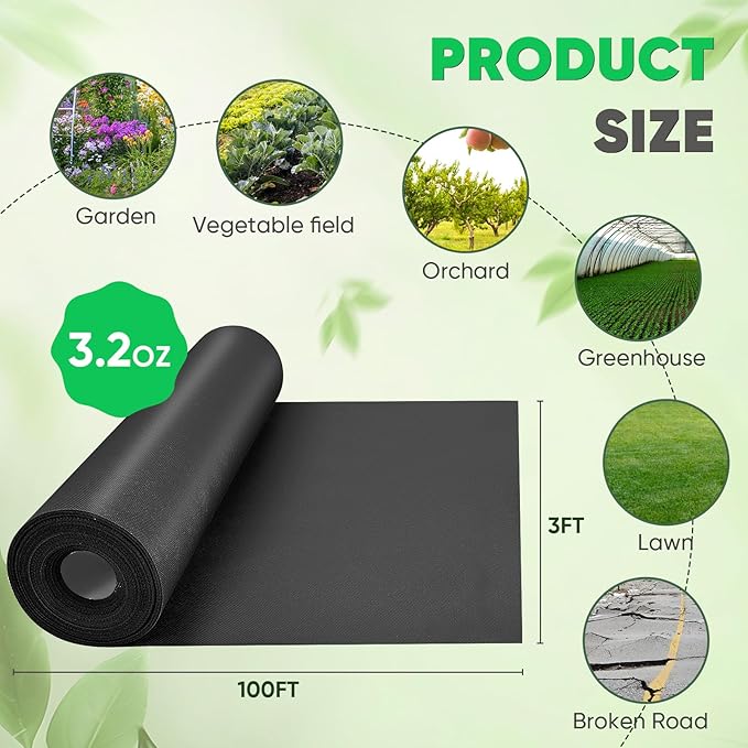 Non-Woven Thick Weed Barrier Fabric 3 FTx180 FT, 3.2oz Heavy Duty Weed Barrier Landscape Fabric, Ground Cover for Superior Weed Control, Easy Setup for Gardens, Landscaping, Flower Beds (Green)