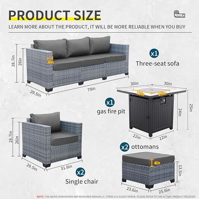 6 Pieces Wicker Patio Furniture Sets Outdoor Conversation Set PE Rattan Sectional Sofa Couch with 30" Fire Pit Table and Grey Cushions
