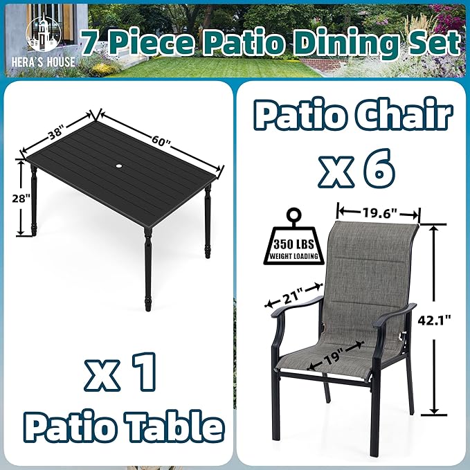 HERA'S HOUSE 7 PCS Patio Dining Set, 6 x Premium Textilene Dining Chair, 1 x 60 Classic Table, Rust Resistant Outdoor Table Chairs Set for Lawn Garden Backyard Deck