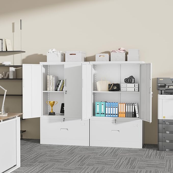 Greenvelly Metal Storage Cabinet,White Steel Lockable Lateral File Cabinet with Doors and Shelves for Home Office Hanging Files Letter/Legal/F4/A4 Size