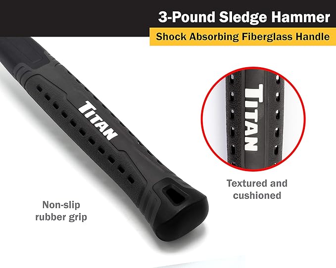 Titan 63000 3lb Sledge Hammer, Forged Steel Head, Overstrike Protection, Sledgehammer with 16" Shock Absorbing Fiberglass Handle with Textured Grip